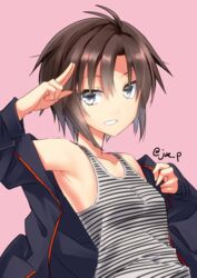  absurdres antenna_hair armpits black_jacket breasts brown_hair collarbone commentary_request female grey_eyes grin hair_between_eyes highres idolmaster idolmaster_(classic) jacket kikuchi_makoto long_sleeves looking_at_viewer open_clothes open_jacket pink_background shirt short_hair simple_background sleeveless sleeveless_shirt small_breasts smile solo striped_clothes striped_shirt tomboy twitter_username upper_body yuuki_eishi 