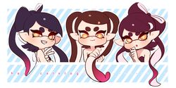  +_+ :o alternate_hairstyle artist_name black_hair blue_background brown_eyes callie_(splatoon) closed_mouth commentary coula_cat cropped_torso diagonal_stripes english_text female grin hair_ornament head_tilt highres holding holding_own_hair inkling looking_at_viewer mole mole_under_eye open_mouth outline pointy_ears sharp_teeth signature smile splatoon_(series) splatoon_1 star_(symbol) star_hair_ornament striped striped_background teeth tentacle_hair twintails v white_outline 