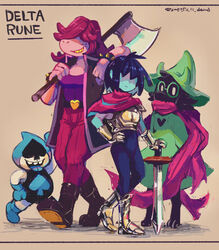  1other 2boys androgynous animal_hands arm_on_another&#039;s_head armor axe bad_id bad_pixiv_id barefoot belt_buckle black_footwear black_hair blue_footwear blue_gloves blue_skin blue_tongue boots bracelet buckle capelet chocoblood colored_skin colored_tongue commentary_request deltarune female freckles glasses gloves green-framed_eyewear green_headwear grey_footwear hair_over_eyes hat heart highres holding holding_axe horns jewelry kris_(deltarune) lancer_(deltarune) long_hair multiple_boys open_mouth over_shoulder pink_scarf pink_skin planted planted_sword purple_shirt ralsei scarf sharp_teeth shirt short_hair simple_background smile spiked_bracelet spikes standing susie_(deltarune) sword teeth weapon wizard_hat yellow_teeth 