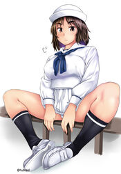  bad_id bad_pixiv_id black_eyes black_hair black_socks blouse blue_neckerchief closed_mouth commentary_request dixie_cup_hat female frown full_body girls_und_panzer hat highres hubrael legs loafers long_hair long_sleeves looking_at_viewer military_hat miniskirt murakami_(girls_und_panzer) neckerchief ooarai_naval_school_uniform panties pantyshot photoshop_(medium) pleated_skirt print_socks puff_of_air sailor sailor_collar school_uniform shirt shoes sigh sitting skindentation skirt socks solo spread_legs twitter_username underwear white_background white_footwear white_hat white_panties white_shirt white_skirt 