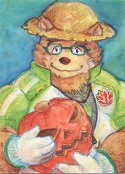  2019 anthro bear brown_body brown_fur clothing eyewear felixleong food fruit fur glasses hat headgear headwear hi_res humanoid_hands kemono lifewonders male mammal plant pumpkin shirt slightly_chubby solo straw_hat tokyo_afterschool_summoners topwear volos_(tas) 