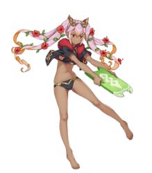  bad_feet bare_legs barefoot bikini black_bikini black_jacket breasts criss-cross_halter cropped_jacket dark-skinned_female dark_skin female fire_emblem fire_emblem_heroes flower full_body fur_trim gradient_hair hair_flower hair_ornament halterneck hibiscus highres holding jacket kickboard laevatein_(fire_emblem) laevatein_(summer)_(fire_emblem) long_hair looking_away medium_breasts multicolored_hair navel official_art open_mouth orange_hair pink_hair plant red_eyes saitou_masatsugu short_sleeves sidelocks solo stomach swimsuit toes transparent_background twintails v-shaped_eyebrows vines 