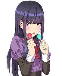  blush brown_eyes candy commentary_request female food high_score_girl highres lollipop long_hair long_sleeves oono_akira puffy_sleeves purple_hair ribbon simple_background solo tongue tongue_out white_background yamashita_shun&#039;ya 