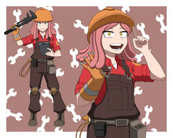  belt belt_pouch boku_no_hero_academia cable commentary_request cosplay engineer engineer_(tf2) engineer_(tf2)_(cosplay) female gloves goggles hard_hat hatsume_mei helmet index_finger_raised knee_pads long_hair multiple_views open_mouth overalls pink_hair pouch red_engineer_(tf2) red_engineer_(tf2)_(cosplay) simple_background single_glove smile standing symbol-shaped_pupils team_fortress_2 trait_connection wrench yellow_eyes ysd2552 