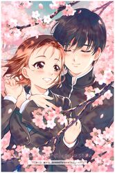  1boy arima_souichirou black_hair blush branch brown_hair cherry_blossoms closed_eyes closed_mouth commentary_request copyright_name couple female flower gakuran hug hug_from_behind kareshi_kanojo_no_jijou kaze-hime long_sleeves looking_at_another miyazawa_yukino pink_flower red_eyes school_uniform short_hair smile straight upper_body watermark web_address wind 