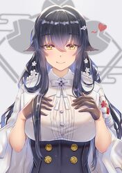  azuma_(azur_lane) azur_lane black_gloves black_hair blush bra_visible_through_clothes breasts chinese_commentary closed_mouth commentary_request covered_nipples eyes_visible_through_hair female gloves hair_between_eyes hair_ornament hairclip half_gloves hands_on_own_chest heart highres large_breasts long_hair looking_at_viewer sakura_empire_(emblem) sking smile solo yellow_eyes 