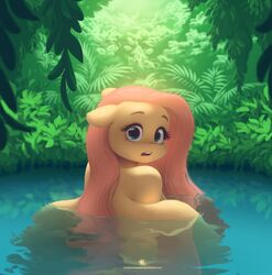  absurd_res blue_eyes equid equine female fluttershy_(mlp) forest friendship_is_magic hasbro hi_res jungle katputze looking_at_viewer looking_back mammal my_little_pony mythological_creature mythological_equine mythology pegasus plant pond solo tree water wings 