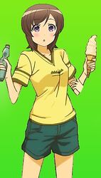  2015 blush brown_hair denim denim_shorts female female food futsuu_no_joshikousei_ga_locodol_yattemita green_background ice_cream purple_eyes short_hair shorts solo usami_nanako 