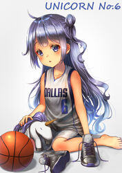  alternate_costume azur_lane ball basketball basketball_(object) basketball_uniform blue_background commentary_request cosplay dallas_mavericks female highres kristaps_porzingis kristaps_porzingis_(cosplay) long_hair national_basketball_association nike_(company) purple_eyes purple_hair shoes sneakers sportswear stuffed_animal stuffed_toy unicorn_(azur_lane) unworn_shoes yakkuro 