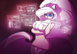  anthro big_breasts black_body black_fur blue_eyes breasts chloe_sinclaire cleavage clothed clothing conditional_dnp dress female fully_clothed fur grey_body grey_fur hair hologram jollyjack mammal mephitid multicolored_body multicolored_fur skunk solo two_tone_body two_tone_fur white_body white_fur white_hair 