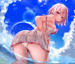  ass bare_shoulders bikini bikini_bottom_only blue_sky blush breasts commentary day dress dress_swimsuit fate/grand_order fate_(series) female hair_over_one_eye large_breasts light_purple_hair looking_at_viewer looking_back mash_kyrielight mash_kyrielight_(swimsuit_of_perpetual_summer) ocean official_alternate_costume open_mouth outdoors panties purple_eyes sashima short_hair sky solo swimsuit thighs underwear white_bikini white_dress 