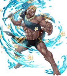  1boy abs barefoot dark-skinned_male dark_skin fire_emblem fire_emblem_heroes flower full_body helbindi_(fire_emblem) helbindi_(summer)_(fire_emblem) highres horn_ornament horns indesign jewelry leaf male_focus manly multicolored_hair necklace official_alternate_costume official_art open_mouth orange_hair pectorals red_eyes scar shovel solo swimsuit teeth transparent_background two-tone_hair water white_hair 