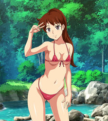  ai_no_wakakusa_monogatari amagamigamigami_(tomato_emperor) arm_at_side ass_visible_through_thighs bad_id bad_pixiv_id bikini bikini_top_only breasts breasts_apart brown_hair bush closed_mouth collarbone cowboy_shot day female front-tie_bikini_top front-tie_top grey_eyes groin hand_on_own_thigh hand_up head_tilt high_ponytail josephine_march leaning_to_the_side legs_apart long_hair looking_at_viewer medium_breasts micro_bikini navel outdoors pond red_bikini rock shadow shiny_skin skindentation smile solo standing sunlight swimsuit thighs tree underboob v water wide_hips world_masterpiece_theater 