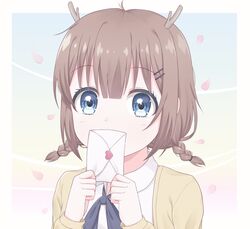  antlers bad_id bad_pixiv_id blue_eyes braid brown_hair covering_own_mouth envelope female highres holding holding_envelope horns indie_utaite kano_(utaite) looking_at_viewer love_letter pepea petals ribbon short_hair solo twin_braids twintails utaite 