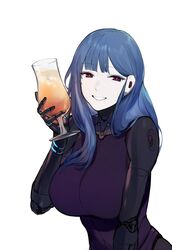  blue_hair breasts commentary cup drinking_glass duoyuanjun female highres holding kira_miki large_breasts long_hair looking_at_viewer red_eyes simple_background smile solo teeth upper_body va-11_hall-a white_background 