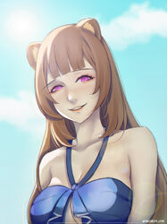  :d absurdres animal_ears bad_id bad_pixiv_id bare_shoulders bikini blue_bikini blue_sky blunt_bangs breasts brown_hair cleavage commentary day female highres liya_nikorov long_hair looking_at_viewer medium_breasts open_mouth photoshop_(medium) purple_eyes raccoon_ears raccoon_girl raphtalia sky smile solo swimsuit tate_no_yuusha_no_nariagari upper_body 