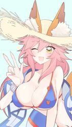  animal_ear_fluff animal_ears bikini blue_bikini blush breasts cleavage collarbone commentary_request ears_through_headwear fate/grand_order fate_(series) female fox_ears fox_girl fox_tail hat highres large_breasts looking_at_viewer navel oerba_yun_fang one_eye_closed open_mouth pink_hair side-tie_bikini_bottom skin_fang solo straw_hat suzukimadaka swimsuit tail tamamo_(fate) tamamo_no_mae_(swimsuit_lancer)_(fate) tamamo_no_mae_(swimsuit_lancer)_(second_ascension)_(fate) tamamo_no_mae_(swimsuit_lancer)_(third_ascension)_(fate) 