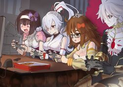  1boy 3girls absurdres bad_id bad_twitter_id bodysuit bow brown_eyes brown_hair colored_skin earrings fate/grand_order fate_(series) flower food ganesha_(fate) glasses hair_flower hair_ornament hairband hairbow highres japanese_clothes jewelry jinako_carigiri karna_(fate) long_hair multiple_girls nakasaku-p open_mouth osakabehime_(fate) pink_eyes pizza pizza_box playing_games ponytail red_bow sitting spiked_hair thumb_ring tomoe_gozen_(fate) trait_connection very_long_hair wavy_eyes white_hair white_skin you&#039;re_doing_it_wrong 