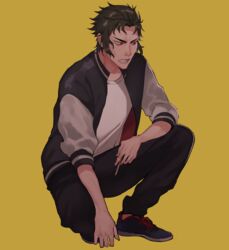  1boy black_footwear black_hair black_pants cigarette clenched_teeth commentary_request fate/grand_order fate_(series) full_body highres hijikata_toshizou_(fate) jacket male_focus pants red_eyes samuraisamurai shoes sideburns simple_background solo squatting teeth yellow_background 