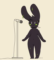  2019 :&lt; anthro aronhilistix biped black_body black_fur blush blush_stickers dark_body dark_fur electronics female front_view fur hi_res lagomorph leporid long_ears mammal microphone mojito_(aronhilistix) navel no_pupils noseless nude rabbit solo standing white_eyes wide_hips 