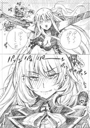  3girls :d absurdres abyssal_ship aircraft_carrier_princess ascot atago_(kancolle) beret blush breasts cleavage commentary_request embarrassed floating_fortress_(kancolle) full-face_blush gloves graphite_(medium) greyscale hat highres ijimeka_(meme) kantai_collection kojima_takeshi long_hair maya_(kancolle) meme monochrome multiple_girls one_side_up open_mouth outstretched_arms pan-pa-ka-paaan! smile surprised sweat tearing_up torn_clothes traditional_media translated trembling trolling 