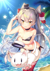  &gt;:) amatsukaze_(kancolle) animal arm_up bare_back bare_shoulders beach bikini black_bikini black_choker black_hairband blue_sky choker clothes_theft cloud cloudy_sky collarbone commentary_request day feline female fingernails grey_hair hair_between_eyes hair_tubes hairband hat highres horizon kantai_collection leaning_forward long_hair looking_at_viewer military_hat navel ocean outdoors palm_tree peaked_cap red_thighhighs sand sky solo standing star_(symbol) swimsuit swimsuit_theft tahya theft thighhighs tree two_side_up untied_bikini v-shaped_eyebrows very_long_hair water white_headwear yellow_eyes 