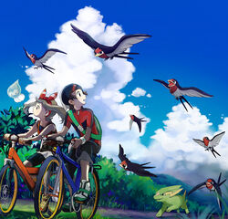  1boy bicycle bike_shorts bird black_pants black_shorts blue_sky bow_hairband brendan_(pokemon) brown_eyes brown_hair castform castform_(rainy) cloud collarbone commentary_request day electrike female hair_ribbon hairband hat jacket looking_back may_(pokemon) outdoors pants pokemon pokemon_(creature) pokemon_oras popcorn_91 red_hairband red_jacket red_ribbon red_shirt ribbon riding shirt short_shorts short_sleeves shorts shorts_under_shorts sky sleeveless sleeveless_shirt striped taillow white_headwear white_shorts 