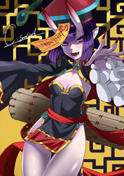  absurdres black_dress blunt_bangs braid braided_hair_rings breasts caesar_salad china_dress chinese_clothes cleavage colored_skin commentary_request cowboy_shot dress eyeshadow fangs fate/grand_order fate_(series) female fingernails frilled_sleeves frills hair_rings hat highres horns jiangshi lipstick long_fingernails long_hair long_sleeves looking_at_viewer makeup medium_breasts ofuda oni open_mouth outstretched_arms peacock_feathers photoshop_(medium) pointy_ears purple_eyes purple_hair purple_skin qingdai_guanmao red_eyeshadow red_lips red_nails sash short_dress short_eyebrows shrug_(clothing) shuten_douji_(fate) shuten_douji_(festival_outfit)_(fate) sideboob skin-covered_horns strapless strapless_dress twin_braids wide_sleeves zombie_pose 