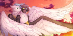  2019 2:1 anthro avian black_nose blue_eyes blue_hair canid canine canis clyde_wolf digital_media_(artwork) domestic_dog duo equid equine fur grey_body grey_fur gryphon hair heterochromia horse hug hybrid male mammal mythological_avian mythological_creature mythology outside pony roliga sky smile sunset white_body white_fur wings yellow_eyes 