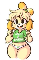  animal_crossing anthro avoid_posting black_eyes blonde_hair breasts buckteeth canid canine canis clothing domestic_dog eyelashes female front-print_panties fur hair heart_clothing heart_panties heart_symbol heart_underwear hi_res isabelle_(animal_crossing) mammal midriff navel nintendo open_mouth panties shih_tzu shirt simple_background smile solo sweaterbrat teeth text text_on_clothing text_on_shirt text_on_topwear tied_hair topwear toy_dog underwear white_background white_clothing white_panties white_underwear wide_hips yellow_body yellow_fur 