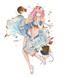  bare_arms bare_shoulders bikini blonde_hair blue_eyes blush breasts burn cleavage coconut drinking_straw earrings female fire_emblem fire_emblem_heroes flower food fruit fruit_cup full_body gradient_hair gunnthra_(fire_emblem) gunnthra_(summer)_(fire_emblem) hair_flower hair_ornament hand_up head_wreath hibiscus high_heels highres jewelry kippu large_breasts long_hair multicolored_hair nail_polish navel official_art one_eye_closed parted_lips petals pink_hair sandals sarong scar solo stomach swimsuit toenail_polish toenails toes transparent_background white_footwear 