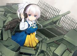  :o ahoge arm_support blue_dress blush breasts collared_shirt commentary_request daisy dress dress_shirt dutch_angle embroidery female floral_print flower grey_eyes hair_between_eyes hair_ribbon hand_up headphones long_hair long_sleeves medium_breasts military military_vehicle nanaroku_(fortress76) original oxeye_daisy parted_lips puffy_long_sleeves puffy_sleeves ribbon shirt sidelocks sleeveless sleeveless_dress solo stridsvagn_103 swedish_clothes white_flower white_hair white_ribbon white_shirt 