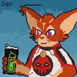  1:1 animated anthro batartcave beverage_can brown_nose cheek_tuft chua clothing digital_media_(artwork) drinking ear_tuft facial_tuft felid fur low_res male mammal multicolored_body multicolored_fur orange_body orange_fur pixel_(artwork) pixel_animation purple_eyes short_playtime smile solo tan_body tan_fur tuft two_tone_body two_tone_fur whiskers wildstar 