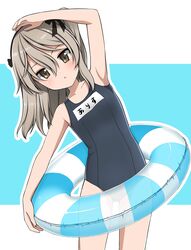  black_ribbon blue_background blue_one-piece_swimsuit brown_eyes character_name chestnut_mouth cowboy_shot female girls_und_panzer hair_ribbon highres holding holding_swim_ring innertube leaning_to_the_side light_blush light_brown_hair long_hair looking_at_viewer name_tag one-piece_swimsuit one_side_up outline ribbon ruruepa school_swimsuit shimada_arisu solo standing stretching swim_ring swimsuit translated white_outline 