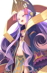  blush breasts chinese_clothes commentary_request crown facial_mark fate/grand_order fate_(series) female forehead_mark hanfu long_hair long_sleeves navel open_mouth parted_bangs pelvic_curtain pink_eyes purple_hair ribbon_bra simple_background small_breasts smile solo string_bra tassel ukkari_chabangeki very_long_hair white_background wide_sleeves wu_zetian_(fate) 