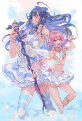  2boys amemura_ramuda black_hair blue_eyes commentary_request cosplay crossdressing dress holding holding_microphone hypnosis_mic hypnosis_microphone jewelry jinguji_jakurai long_hair looking_at_viewer male_focus microphone microphone_stand midriff multiple_boys panty_&amp;_stocking_with_garterbelt panty_(psg) panty_(psg)_(cosplay) pink_hair skirt smile stocking_(psg) stocking_(psg)_(cosplay) striped_clothes striped_thighhighs thighhighs waco_(misonobu) white_skirt 