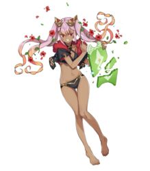  bad_feet bare_legs barefoot bikini black_bikini black_jacket clenched_teeth criss-cross_halter cropped_jacket dark-skinned_female dark_skin female fire_emblem fire_emblem_heroes flower full_body fur_trim gradient_hair grimace hair_flower hair_ornament halterneck hibiscus highres holding jacket kickboard laevatein_(fire_emblem) laevatein_(summer)_(fire_emblem) leaf long_hair multicolored_hair navel official_art orange_hair parted_lips petals pink_hair plant red_eyes saitou_masatsugu short_sleeves sidelocks solo stomach swimsuit teeth toes torn_clothes transparent_background twintails vines 