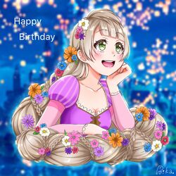  alternate_eye_color alternate_hairstyle birthday braid braided_ponytail castle commentary_request cosplay dress english_text female flower flower_braid green_eyes grey_hair hair_flower hair_ornament lantern light_brown_hair long_hair love_live! love_live!_school_idol_project minami_kotori rapunzel_(disney) rapunzel_(disney)_(cosplay) runi_(87025) signature solo tangled upper_body very_long_hair 