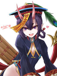  :d alternate_costume alternate_hairstyle braid chinese_clothes cleavage_cutout clothing_cutout commentary_request fate/grand_order fate_(series) female flat_chest hat haura_akitoshi heart horns jiangshi ofuda oni open_mouth qingdai_guanmao short_eyebrows shuten_douji_(fate) shuten_douji_(festival_outfit)_(fate) simple_background skin-covered_horns smile solo twitter_username white_background 