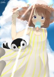  absurdres antlers bare_shoulders bird blue_eyes blush brown_hair cloud cloudy_sky commentary_request dress female food hat highres horns ice_cream indie_utaite kano_(utaite) light_rays penguin popsicle short_hair sky sleeveless sleeveless_dress striped_clothes striped_dress sun_hat sunbeam sundress sunlight un_udooon utaite 