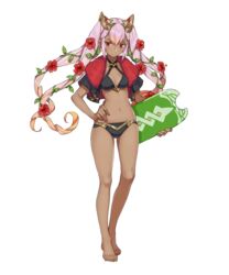  bare_legs barefoot bikini black_bikini black_jacket breasts closed_mouth criss-cross_halter cropped_jacket dark-skinned_female dark_skin female fire_emblem fire_emblem_heroes flower full_body fur_trim gradient_hair hair_flower hair_ornament halterneck hand_on_own_hip hibiscus highres holding jacket kickboard laevatein_(fire_emblem) laevatein_(summer)_(fire_emblem) lips long_hair looking_at_viewer medium_breasts multicolored_hair navel official_art orange_hair pink_hair plant red_eyes saitou_masatsugu serious short_sleeves sidelocks solo standing swimsuit toes transparent_background twintails v-shaped_eyebrows vines 