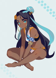  arm_strap armlet bare_legs bare_shoulders barefoot black_eyes black_hair blue_background blue_eyes blue_hair blush chinese_commentary closed_mouth commentary_request crop_top dark-skinned_female dark_skin earrings female full_body hair_bun hair_ornament hairclip highres hoop_earrings indian_style jewelry leaning_forward long_hair navel nessa_(pokemon) orry photoshop_(medium) pokemon pokemon_swsh single_hair_bun sitting sleeveless solo thick_eyebrows v-shaped_eyebrows very_long_hair 