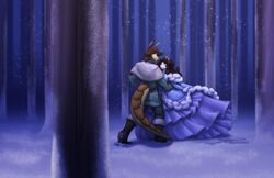  armadillo ball_gown belise_elle_(belise7) canid canine canis clothing dancing disney dress duo female forest frozen_(movie) gown male mammal plant snow snowing toughset toughset_(character) tree winter wolf xenarthran 