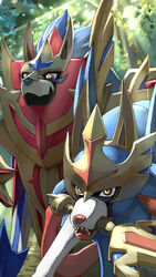  2019 blue_body blue_fur crowned_shield_zamazenta crowned_sword_zacian detailed_background duo feral fur generation_8_pokemon inubikko legendary_pokemon melee_weapon multicolored_body multicolored_fur nintendo object_in_mouth pokemon pokemon_(species) sword sword_in_mouth two_tone_body two_tone_fur weapon white_body white_fur yellow_eyes zacian zamazenta 