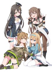  4girls absurdres beret black_hair blonde_hair blue_eyes boots brown_hair camouflage camouflage_jacket cheek_pinching closed_eyes creator_connection double_bun fingerless_gloves fox_shadow_puppet girls&#039;_frontline gloves green_eyes hair_bun hat hayarob headband heterochromia highres jacket k2_(girls&#039;_frontline) m1014_(girls&#039;_frontline) multiple_girls panties pantyhose pinching red_eyes rfb_(girls&#039;_frontline) shoes shotgun_shell showgirl_skirt skirt suomi_(girls&#039;_frontline) thighhighs underwear 