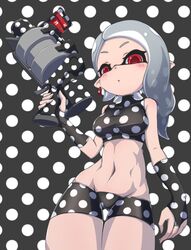  .52_gal_(splatoon) ass_visible_through_thighs bare_shoulders bikini breasts bridal_gauntlets clothes_pin commentary_request covered_collarbone cowboy_shot female grey_hair hand_up highres holding inkling inkling_girl inkling_player_character long_hair medium_breasts navel pointy_ears polka_dot polka_dot_background polka_dot_bikini red_eyes shinako solo splatoon_(series) splatoon_2 swimsuit tentacle_hair thigh_gap thighs turtleneck 