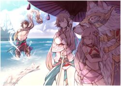  2girls alternate_costume bikini braid cain_(granblue_fantasy) closed_eyes commentary_request eel erune eyeshadow granblue_fantasy grin hair_ornament hakutaku_(granblue_fantasy) hood hoodie leona_(granblue_fantasy) long_hair makeup mishima_hiroji multiple_girls parasol pholia sand shawl short_hair smile sweatdrop swimsuit twitter_username umbrella very_long_hair water 