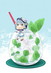  blue_hair blue_sailor_collar blush chibi commentary cup dixie_cup_hat double_bun drink drinking_glass drinking_straw female food hair_between_eyes hair_bun hat hinata_yuu ice ice_cube in_food kantai_collection leaf little_blue_whale_(kancolle) long_sleeves looking_at_viewer military_hat mini_person minigirl mint mojito neckerchief oerba_yun_fang open_mouth photoshop_(medium) pleated_skirt sailor_collar samuel_b._roberts_(kancolle) school_uniform serafuku shirt short_hair skirt smile whale white_headwear white_shirt yellow_eyes 