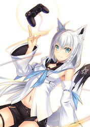  absurdres ahoge animal_ear_fluff animal_ears black_shorts blue_eyes blue_neckwear breasts closed_mouth commentary_request controller cowboy_shot detached_sleeves female fox_ears fox_girl fox_tail game_controller hair_between_eyes highres hololive index_finger_raised long_hair long_sleeves looking_at_viewer luupechi midriff navel shirakami_fubuki shirakami_fubuki_(1st_costume) short_shorts shorts small_breasts smile solo stomach tail thigh_strap very_long_hair virtual_youtuber white_background white_hair white_sleeves 