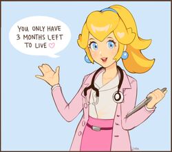  :d bad_id bad_twitter_id belt blonde_hair blue_background blue_eyes blue_ribbon border brown_border clipboard coat collared_shirt commentary dr._mario_(game) dr._mario_world dr._peach earrings english_commentary english_text female heart jewelry jivke lab_coat lipstick long_sleeves makeup mario_(series) open_mouth pink_coat pink_lips pink_skirt ponytail princess_peach red_belt ribbon shirt signature skirt smile speech_bubble stethoscope teeth upper_teeth_only white_shirt 